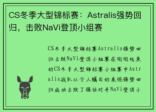 CS冬季大型锦标赛：Astralis强势回归，击败NaVi登顶小组赛