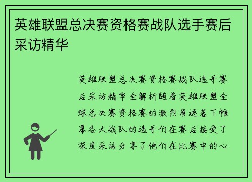 英雄联盟总决赛资格赛战队选手赛后采访精华